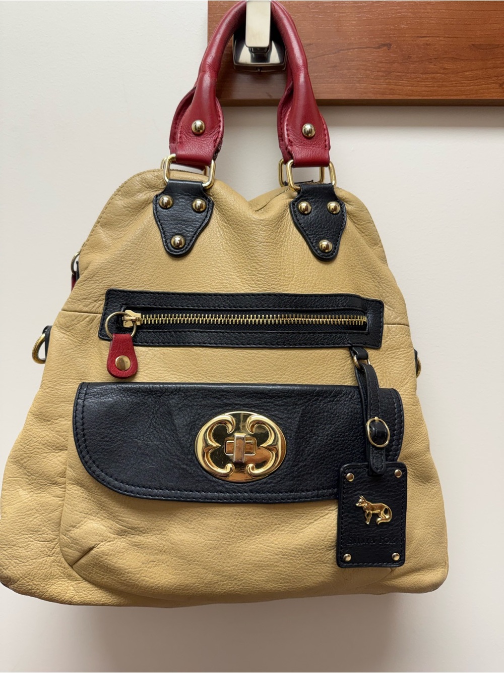 Coach Lily Two-Tone Pebbled Leather Shoulder Bag in Beige, Black and Red